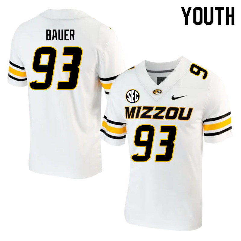 Youth #93 Luke Bauer Missouri Tigers College 2023 Football Stitched Jerseys Sale-White